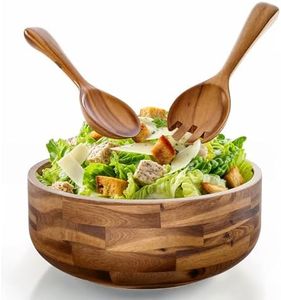 Tidita 12" Salad Bowl Set with 2 Wooden Hands - Large Acacia Wood Serving Bowl with Serving Utensils - Big Mixing Bowl for Fruits, Salad,Pasta for Kitchen Counter (12" Diameter x 4.5" Height)