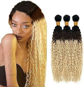 Hxxcoup Bresilienne Lot 3 Tissage Blonde Cheveux Humain Hair Bundles 1B/4/613 Ombre Blonde Bundles Curly Wave Real Hair Weaves Double Weft Unprocessed Virgin Remy Hair for Woman 18 20 22 Pouce