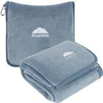 BlueHills Premium Soft Long Travel Blanket Pillow for Tall Airplane Flight Essentials Large Compact 2 in 1 Airline Blanket Throw Packable Warm Plane Traveling Accessories Grayish Blue T056