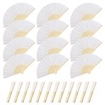 GWHOLE 12 Pcs Folding Hand Fan Fabric White Pocket Folding Hand Fan with Elegant Box for Wedding Gift Church, Holiday Season, Decoration DIY