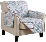 Reversible Floral Patchwork Furniture Protector Scalloped Edge Stain Resistant Printed Furniture Protector Maribel Collection (Chair, Gray/Aqua)