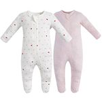 Owlivia Organic Cotton Baby Pajamas, Boys Girls 2 Pack Zip Front Sleep 'N Play, Footed Sleeper, Long Sleeve((12-18 Months, Pink Melange & Pink Heart)