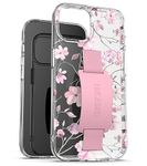 Encased Bando Case Designed for iPhone 15 Case with Finger Loop Strap (Clear/Pink Flowers)