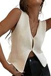 Geagodelia Knitted Waistcoats for Women Sleeveless Cardigan Knit Vest Top Button Down Open Front V Neck Ladies Knitwear (White, S)