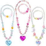 PinkSheep Beads Necklace and Bracelet for Kids, 3 Sets, Little Girls Jewelry Necklace and Bracelet with Heart Pendant, Dress Up Pretend Play Party Favor