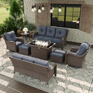 Aeeiua 8 Piece Patio Furniture Set with Fire Pit Table, All-Weather Wicker Outdoor Conversation Set with Swivel Rocking Chair and 6 Inch Thick Cushions