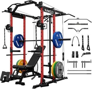Mikolo K6 Power Cage, Power Rack with Cable Crossover System, Home Gym Packages with Weight Bench, Olympic Barbell, 230b Weight Set-Red