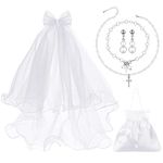 5 Pieces Girls First Holy Communion Accessories Set, Include Bow and Dangle Charm with Veil on Hair Comb, Communion Satin Flower Handbag, Pearl Necklace Earrings Bracelet for Party Wedding Pageant