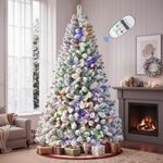SHareconn 7ft Pre-Lit Flocked Artificial Hinged Christmas Tree with Remote Control, Timer and 400 Warm White & Multi-Color Lights, 1062 Branch Tips, Perfect Choice for Xmas Decoration, 7 FT, White