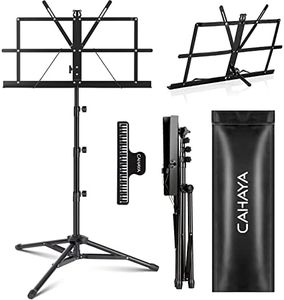 CAHAYA Folding Sheet Music Stand & Desktop Book Stand Higher Version Lightweight Portable Adjustable with Carrying Bag, Metal Music Stand with Music Sheet Clip Holder CY0305