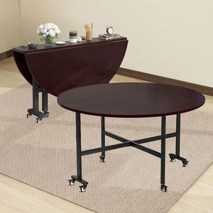 Quvex Drop Leaf Dining Table, 59" Round Folding Kitchen Table for 9-11 People, Wooden Collapsible Dinner Tables with 6 Wheels, Mobile and Stable, Space Saving, for Living Room, Farmhouse