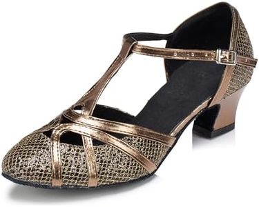 Minishion Women's T-strap Dance Heels Glitter Salsa Ballroom Shoes Wedding Party Pumps, L2040 Bronze 5cm Heel, 8