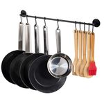 Fasthomegoods Steel Gourmet Kitchen 24 Inch Wall Rail and 10 S Hooks Utensil Pot Pan Lid Rack Storage Organizer Set, Black