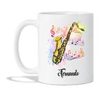 Saxophone Player Mug - Custom Saxophone Lover Ceramic Mug with Name - Present for Sax Lover - Personalized Musician Gift from Fan - Musical Instrument Cup to Sax Player - White Teacups 11oz 15oz