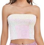 Womens Sparkly Sequin Mermaid Crop Tops, Strapless Metallic Tube Tops for Party Clubwear, White, Medium