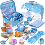 Magic4U Fairy Tale Princess Tea Set Toy for Girl Including Tin Teapot Dessert Toy 42PCS Role Play Food Pretend Play Toy with Princess Gloves and Storage Box for Children Age 3-6