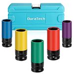 DURATECH 1/2 Wheel Protector Impact Socket Set, Lug Nut Sockets, With Non-Marring Protective Sleeve, 15 17 19 21 22 mm Metric Sockets, CR-MO Alloy, Color-Coded