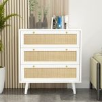 Anmytek White Dresser for Bedroom, Modern 3 Drawer Chest Rattan Dresser with Spacious Storage Bedroom Dresser Rattan Furniture H0072