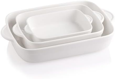 Sweejar Ceramic Baking Pan Set, Rectangular Casserole Dishes for Oven, 9x13 Baking Dish with Handle, Durable Lasagna Pan Deep, Bakeware Set of 3 for Cooking, Banquet and Daily Use (White)