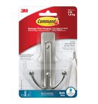 Command Bathroom Large Double Hook, Pack of 1 Hook and 2 Adhesive Strips, Metal - Damage Free Hanging - Holds up to 1.8 kg, Satin Nickel