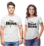 Hangout Hub Hangout-Hub024$P Couple Tshirts for Couples | Printed The Boss The Real Boss T-Shirts;(White;Men L, Women S) Men's and Women's Round Neck T-Shirt (Pack of 2, Cotton)