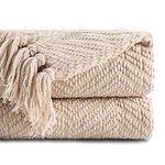 BATTILO HOME Beige Throw Blankets for Couch Bed Sofa, Textured Solid Soft Knitted Throw Blanket with Tassels, Warm Cozy Couch Blanket Large Bed Throws, 60"x80"