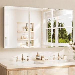TETOTE 60 x 32 Medicine Cabinet with Tempered Beveled Mirror White Aluminum Cabinet DTC Hinges, Stepless Adjustable Shelves, Recessed/Surface-Mounted