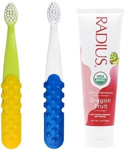 RADIUS Toddler Toothbrush and Toothpaste Bundle for Kids, 2 Pack Totz Plus Silky Soft Brush in White/Sapphire Blue and Green/Yellow and 1 Count Dragon Fruit Toothpaste, for Children 18 Months and Up