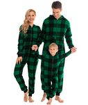 SWOMOG Family Matching Christmas Pjs One Piece Pajamas Soft Fleece Onesie Zip-up Jumpsuit with Pockets Pjs Big Plaid Black and Green 110 CM