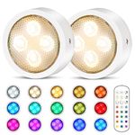 TECOMLIGHT Puck Lights with Remote Battery Operated LED Under Cabinet Lighting, Stick on Closet Lights, Color Changing Under Counter Lighting for Kitchen, Bookshelf, Cupboard, 2 Pack - White