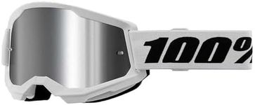 100% Strata 2 Goggles | Mirrored & Clear Lens Options | MTB/MX Goggles – Anti-Fog, Sweat-Absorbing Foam, Silicone Strap | Adult Off-Road Riding Eyewear Protection (White, Silver Mirro)