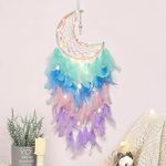 Dremisland Moon Dream Catcher with Fairy Lights Handmade Colorful Feather Lucky Turquoise Pendant Wall Hanging Ornament for Kids Home Bedroom Wall Decoration Craft Gift (Light Rainbow)