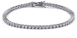 JINAO 1 Row AAA Gold Silver All Iced Out Tennis Bling Lab Simulated Diamond Bracelet （3mm Silver 7"）