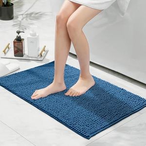 LINENOVA Chenille Bath Mat, Extra Soft Shaggy Absorbent Bathroom Rug, Non-Slip Bath Rugs for Bathtub, Shower, Kitchen, Machine Washable - 50x80cm, Navy