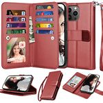 Njjex Wallet Case for iPhone 14 Pro Max 6.7" 2022, for iPhone 14 Pro Max Case, [9 Card Slots] PU Leather ID Credit Holder Folio Flip [Detachable] Kickstand Magnetic Phone Cover & Lanyard [Wine Red]