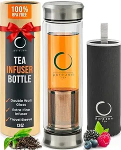 Pure Zen Tea Tumbler with Infuser - BPA Free Double Wall Glass Travel Tea Mug with Stainless Steel Filter - Leakproof Tea Bottle with Strainer for Loose Leaf Tea and Fruit Water 13 Ounce