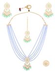 ZAVERI PEARLS Blue & Green Multistrand Crystal Beaded Long Necklace Earring Maangtikka & Ring Set For Women-ZPFK14840