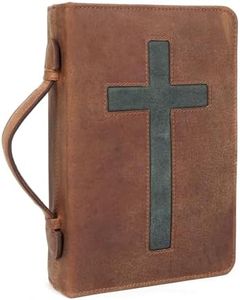 ELIZO Leather Bible Cover Bible Case for Men Women Genuine Leather Bible Bag Holder Cross Large Carrying with Zipper Case Protector Christian Religious Gifts for Mens Pioneer (Saddle/Cross, Standard)