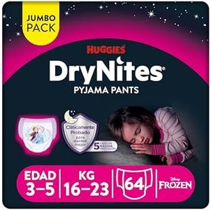 Huggies DryNites Pañales para niña 3-5 (16-23 kg), Clínicamente probado con 5 capas de máxima protección nocturna, 4 packs de 16, Total 64 pañales desechables de noche