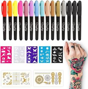 Temporary Tattoos Tattoo Pens for Skin Temporary Multi-colored Face Paint Tattoo Markers with 15 Tattoo Pens 5 Tattoo Stencils and 2 Tattoos Stickers for Girls Boys Teenage Adults Christmas Gifts