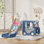 BIERUM 4 in 1 Toddler Slide, Kid Slide for Toddlers Age 1-3, Bus Themed Baby Slide with Basketball Hoop, Indoor Outdoor Slide Toddler Playset Toddler Playground Blue Gray