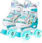 Girls Rainbow Unicorn Roller Skates for Little Kids Toddler Ages 5-8 4 5 6 7, 4 Size Adjustable Quad Skates with All Light Up Wheels - Best Birthday Gift for Outdoor Sports - Teal