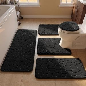 YIHOUSE Bathroom Rugs Sets 5 Piece, Cobblestone Memory Foam Bathroom Mats Set Extra Thick, Non Slip Bath Mats for Bathroom, Water Absorbent, Washable Black Bath Rugs for Tub, Toilet and Floor