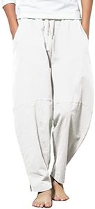 COOFANDY Men's Cotton Linen Elastic Pants Drawstring Waist Harem Loose Pants White XXXL