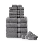 Luxury Bath Towels Set - 12 Piece Set, 100% Cotton Bathroom Towels, Zero Twist, Shower Towels, Absorbent Bath Towel, Super Soft, 4 Bath Towels, 4 Hand Towels, 4 Wash Cloths - Cool Grey