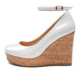 Mettesally Women's Platform Cork Wedge Heel Pumps Round Closed Toe Ankle Strap Classic Office Dress Shoes, White, 5