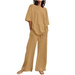 Women 2 Piece Outfits Clearance Casual Cotton Linen Sets Ladies Wide Leg Pants Set with Pocket for Women Round Neck Crop Basic Top Comfy Linen Trouser Suits Lounge Wear Suits for Summer S-5XL