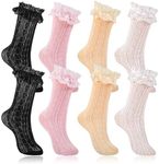 4 Pairs Women's Lace Ankle Socks, Ruffle Frilly Socks, Mesh Lace Trim Socks Lolita Socks, Fashion Ladies Girl Princess Lace Socks Cute Dress Socks for Women Ladies Princess Accessories