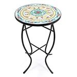 VONLUCE 21" Mosaic Plant Stand, 14 Inch Round Side Table with Ceramic Tile Top, Indoor and Outdoor Accent Table, Outdoor Patio Furniture, End Table for Garden Patio Living Room More, Floral