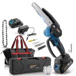 TOMAHAWK® SAW8042 Cordless Chainsaw 8 inch with Brushless motor, 21V Battery, Dual Switch Safety, Includes 2 Batteries & Charger, Portable Electric Handheld Saw for Gardening, Wood Cutting.